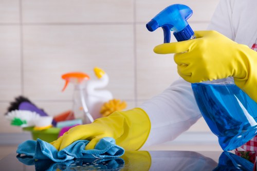Carpet cleaning team sorting recyclable packaging and waste responsibly