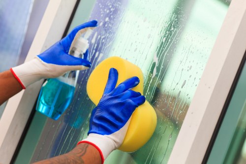 Domestic cleaner in E1 cleaning a bright bathroom