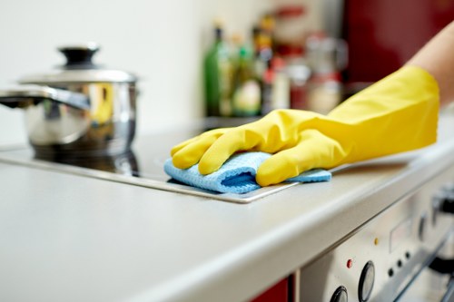 Professional oven cleaner in E1 removing grease from a kitchen oven